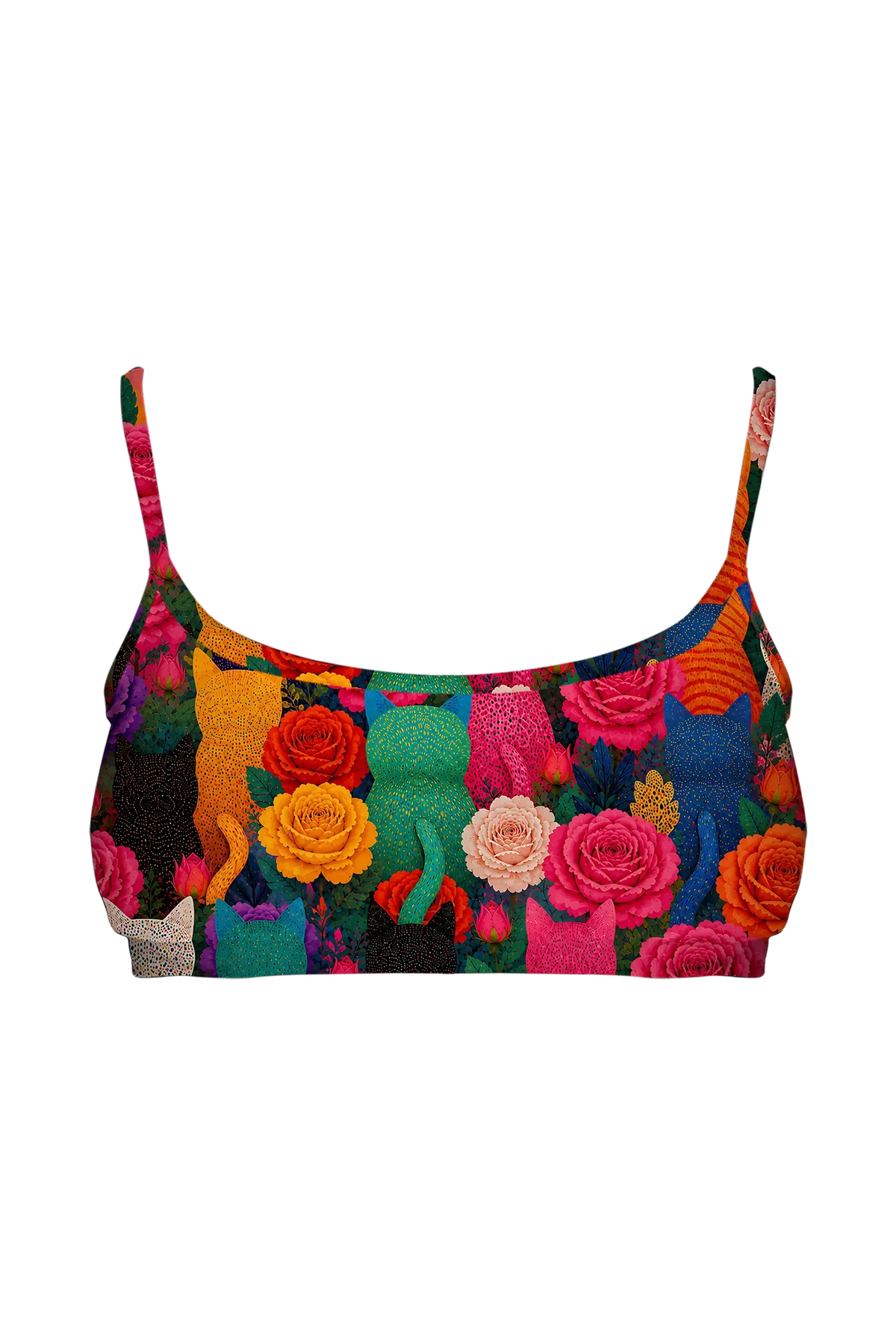 Rainbow Cats and Roses bralette, front view