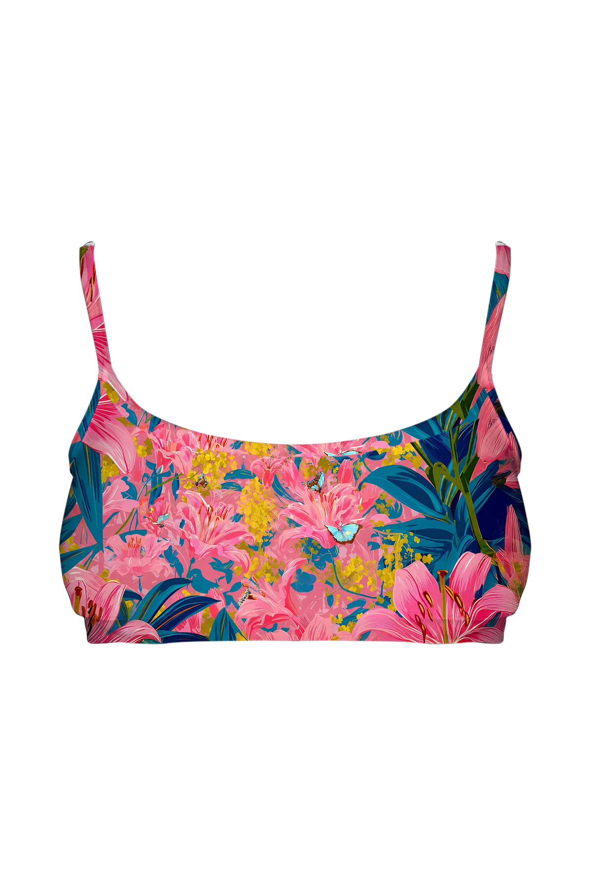 Blue Cat in Pink Lilies bralette, front view