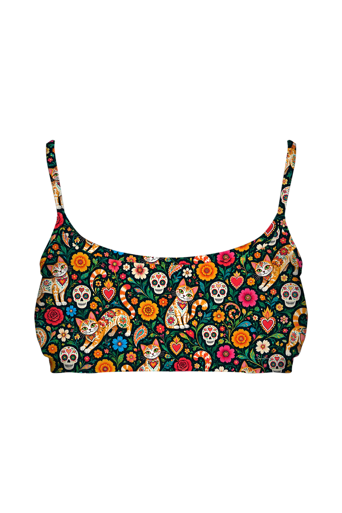 Sugar Skull Cats bralette, front view