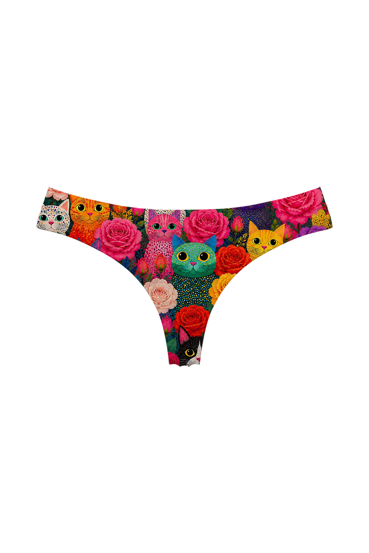 Rainbow Cats and Roses thong panty, front view