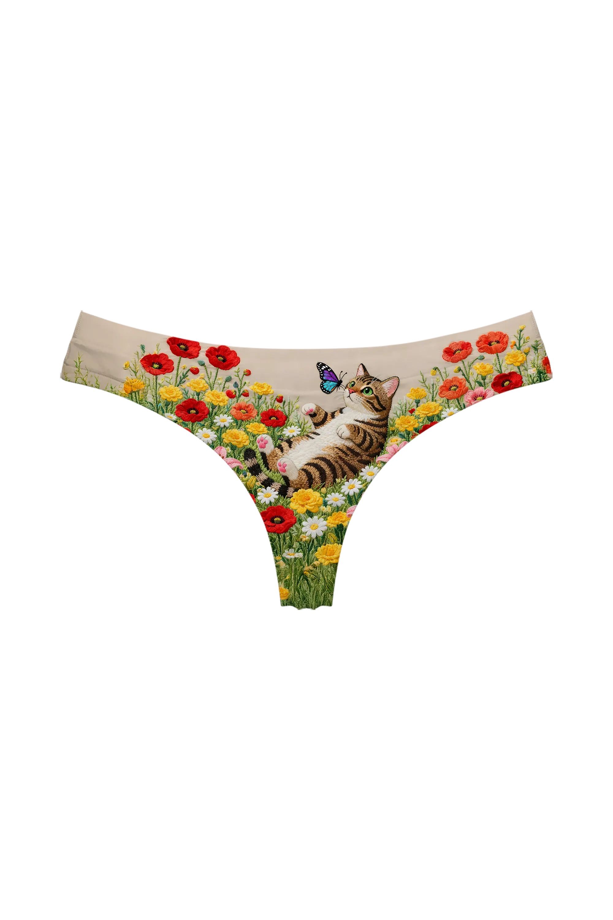 Poppy Meadow Cat thong, front view