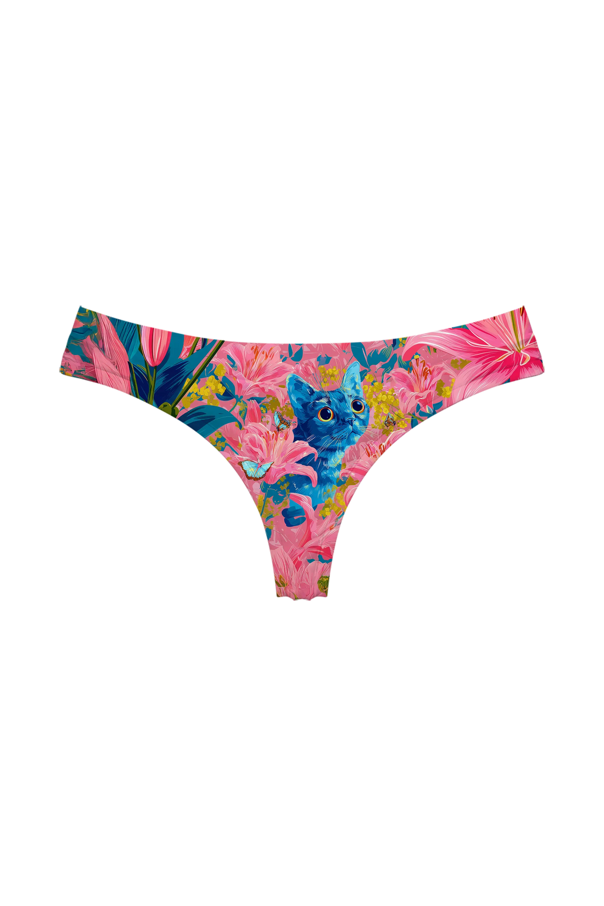 Blue Cat in Pink Lilies thong, front view