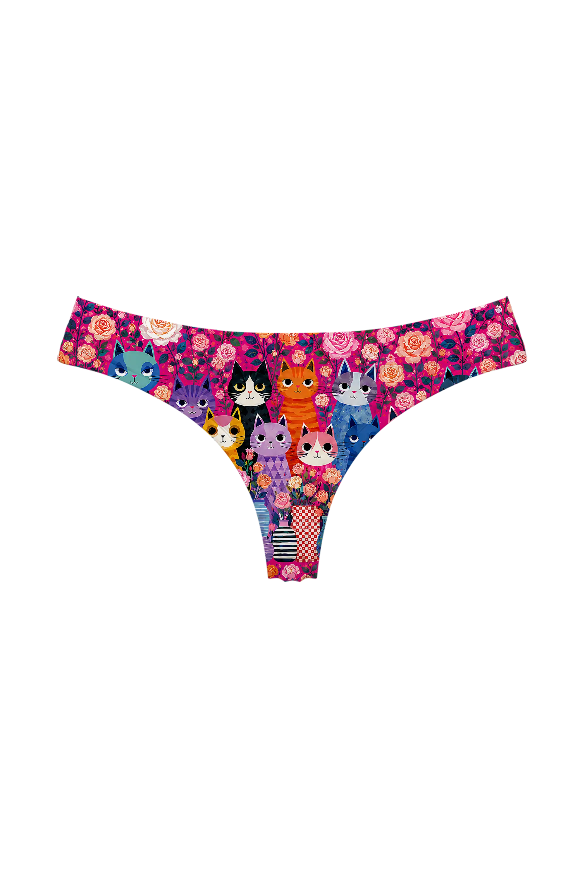 Pink Rose Cat Garden thong panty, front view