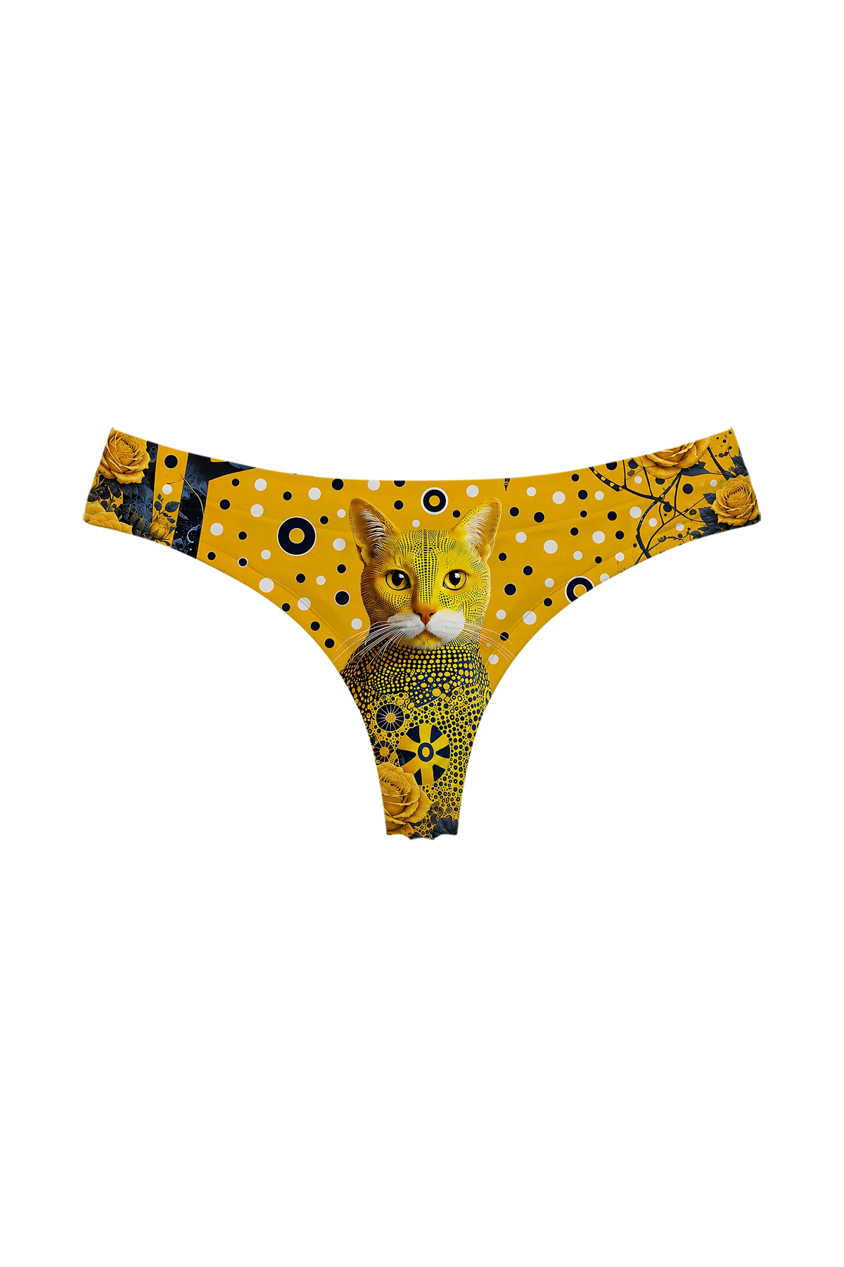 Golden Polka Cat thong panty, front view