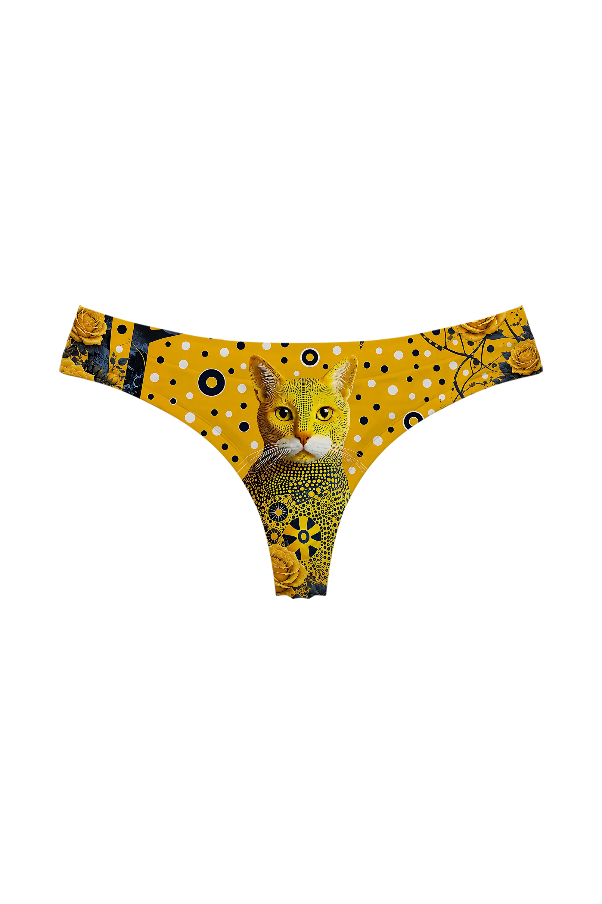Golden Polka Cat thong panty, front view