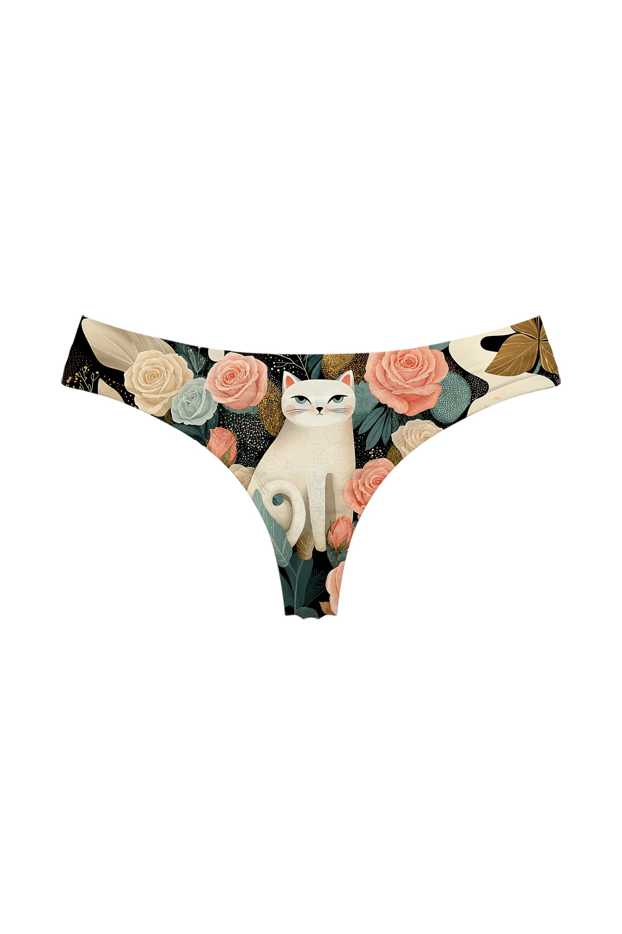 Ivory Cat and Roses thong panty, front view