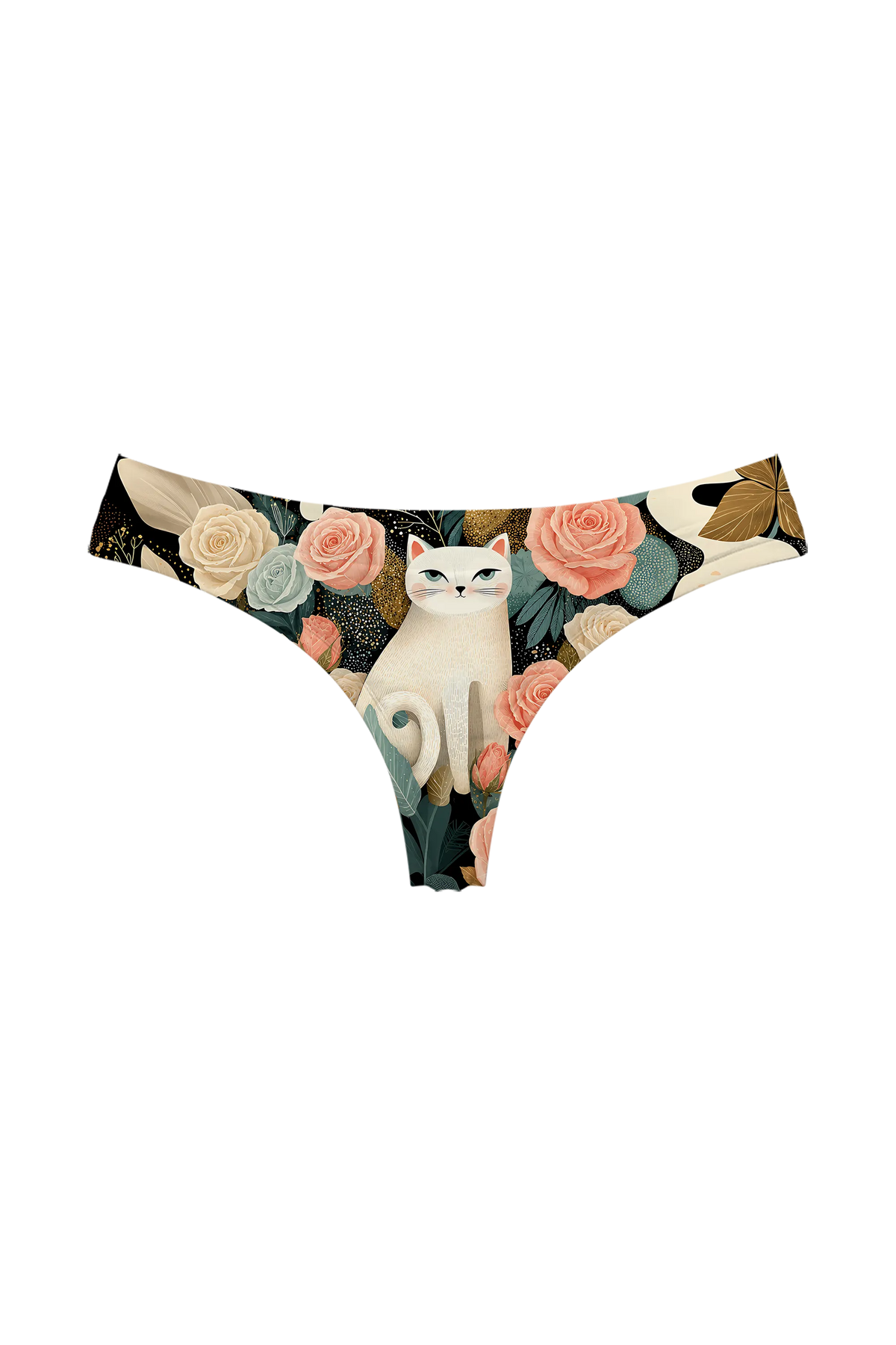 Ivory Cat and Roses thong panty, front view