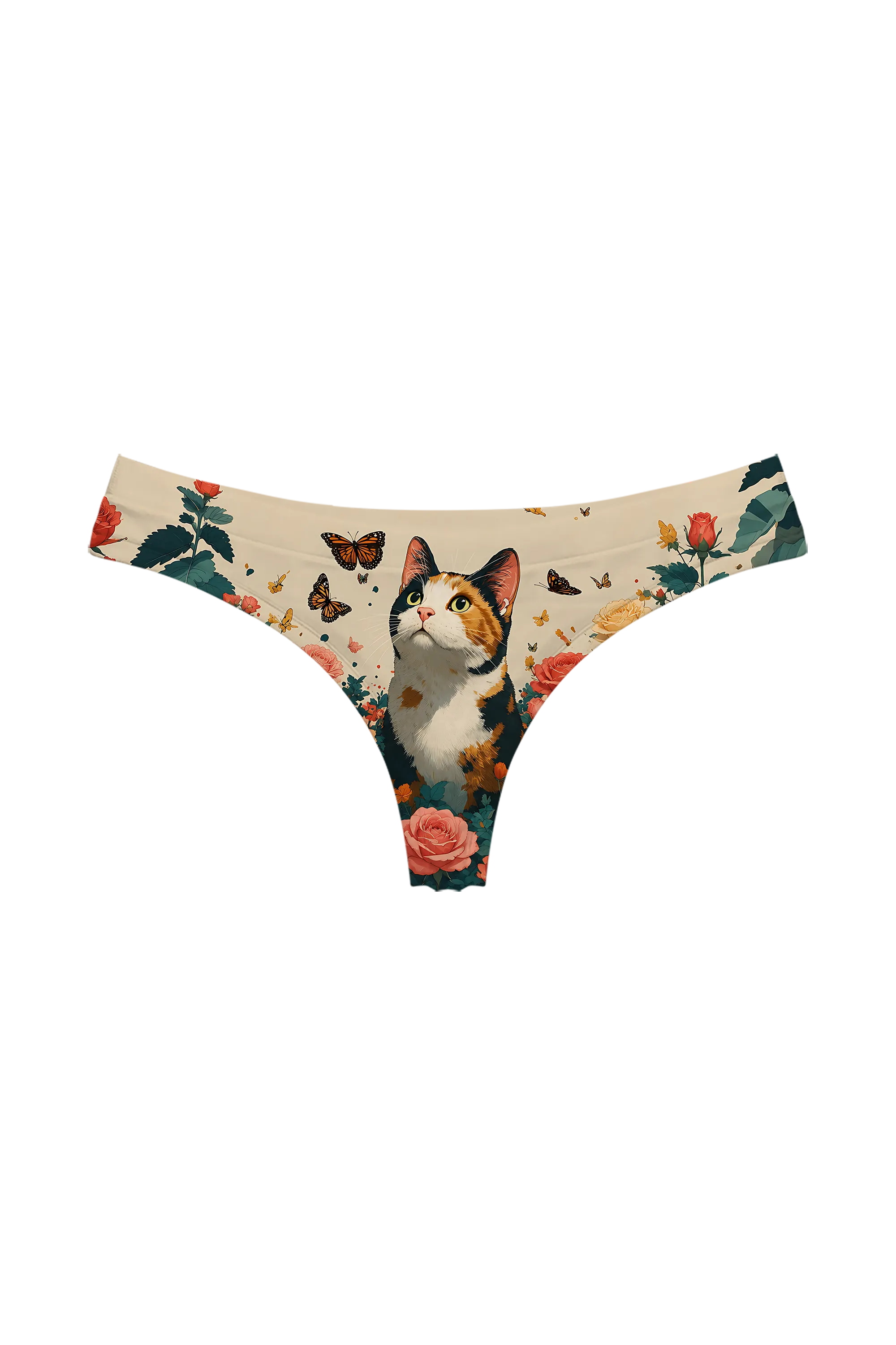 Calico Cat and Butterflies thong panty, front view