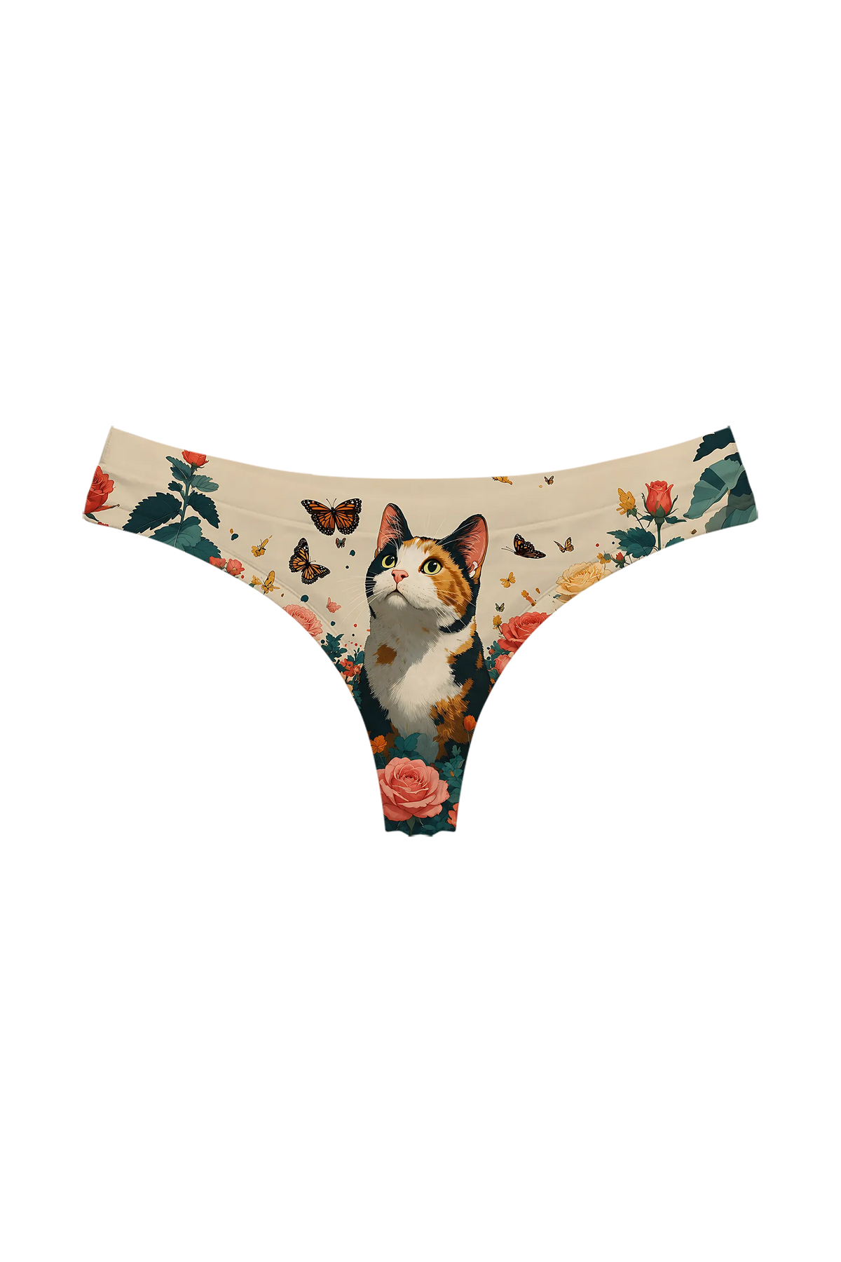 Calico Cat and Butterflies thong panty, front view