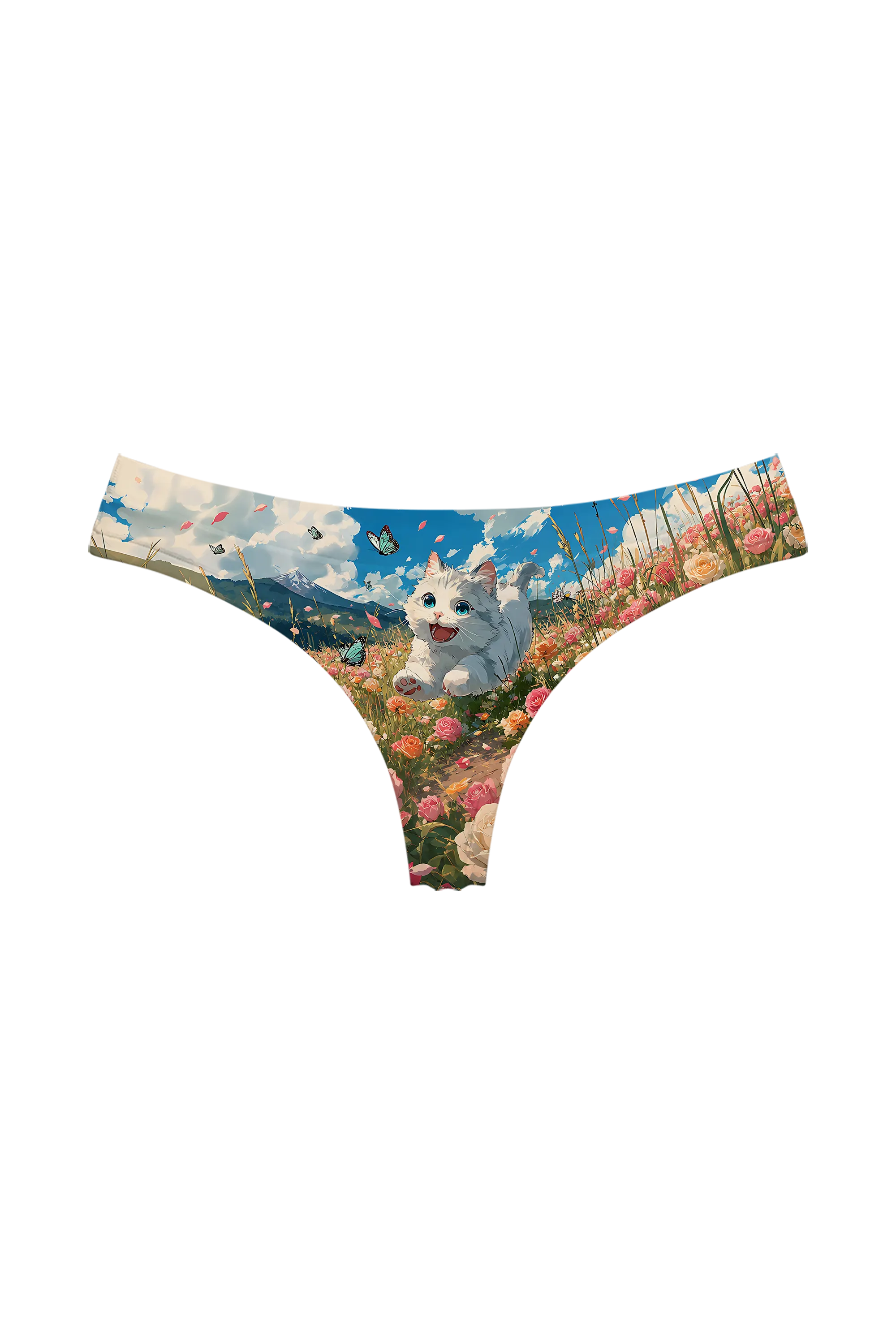 Kitten in Rose Meadow thong panty, front view