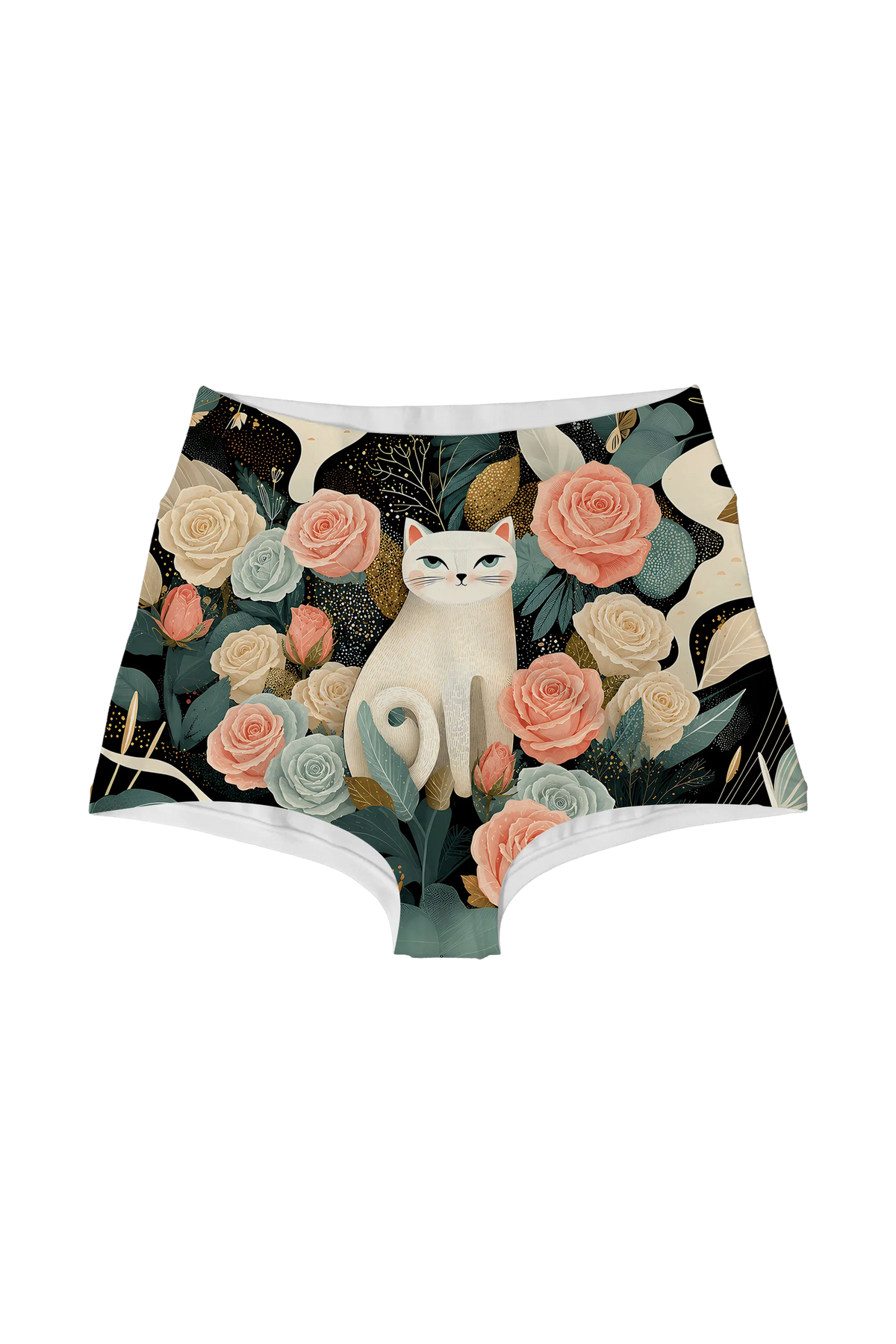Ivory Cat and Roses high waist panty, front view