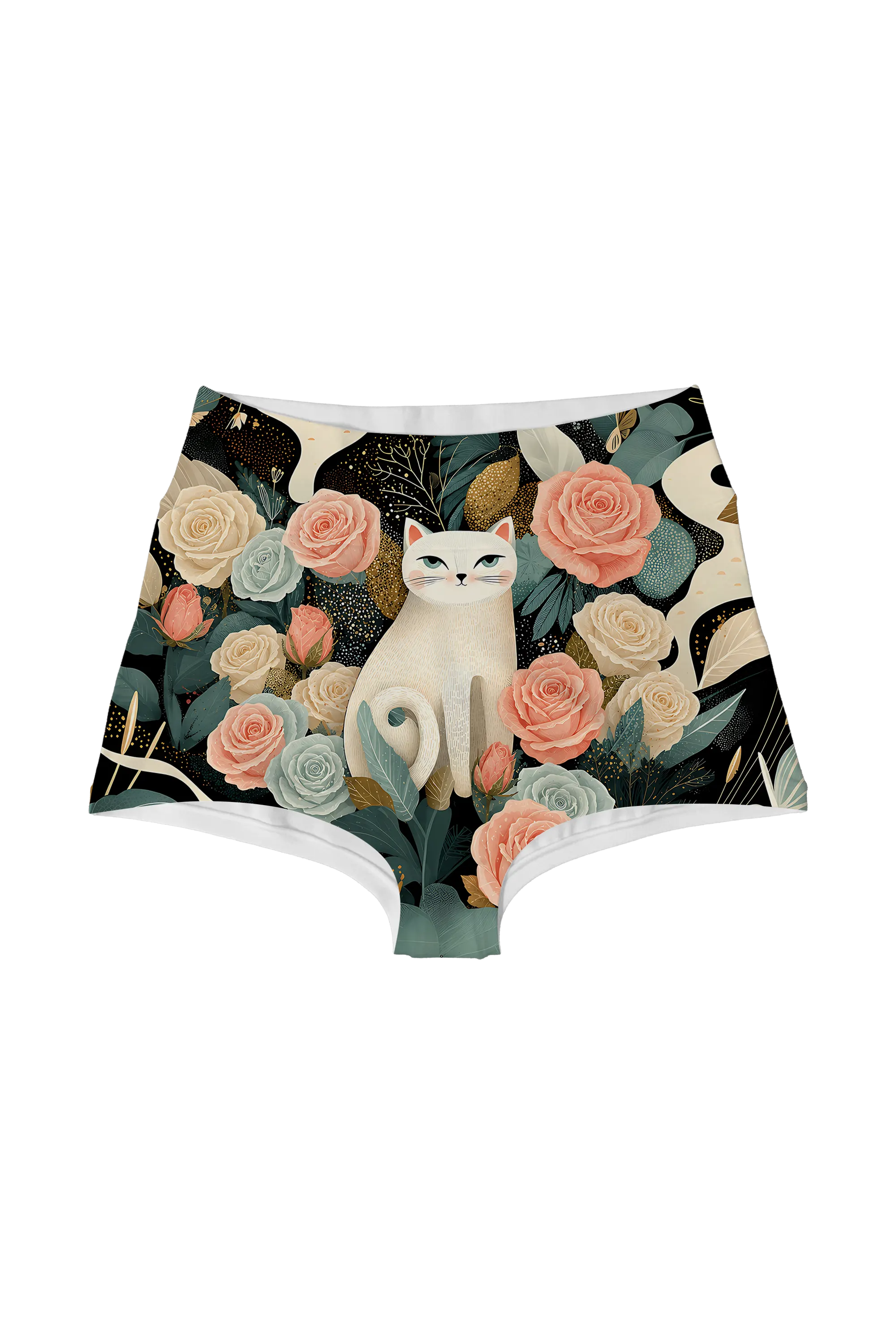 Ivory Cat and Roses high waist panty, front view