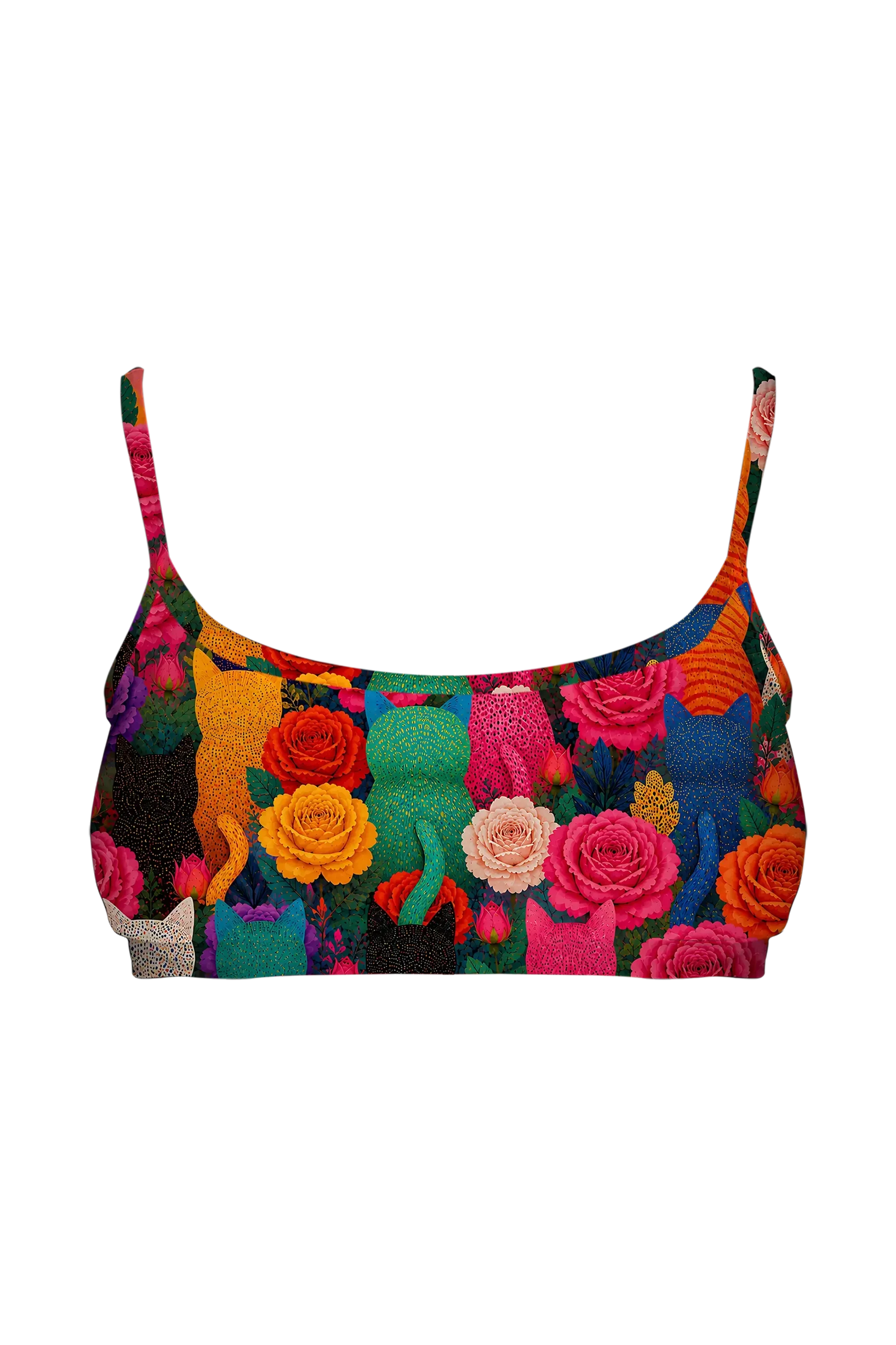 Rainbow Cats and Roses bralette, front view
