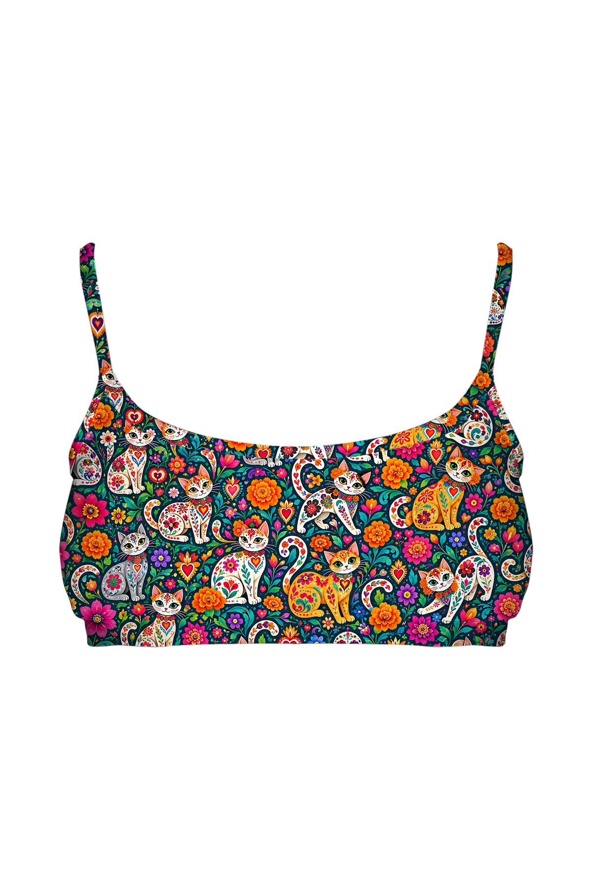 Painted Calavera Kittens bralette, front view