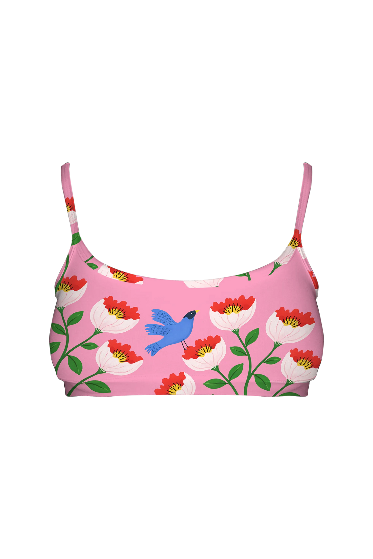 Vase and Bluebird bralette, front view