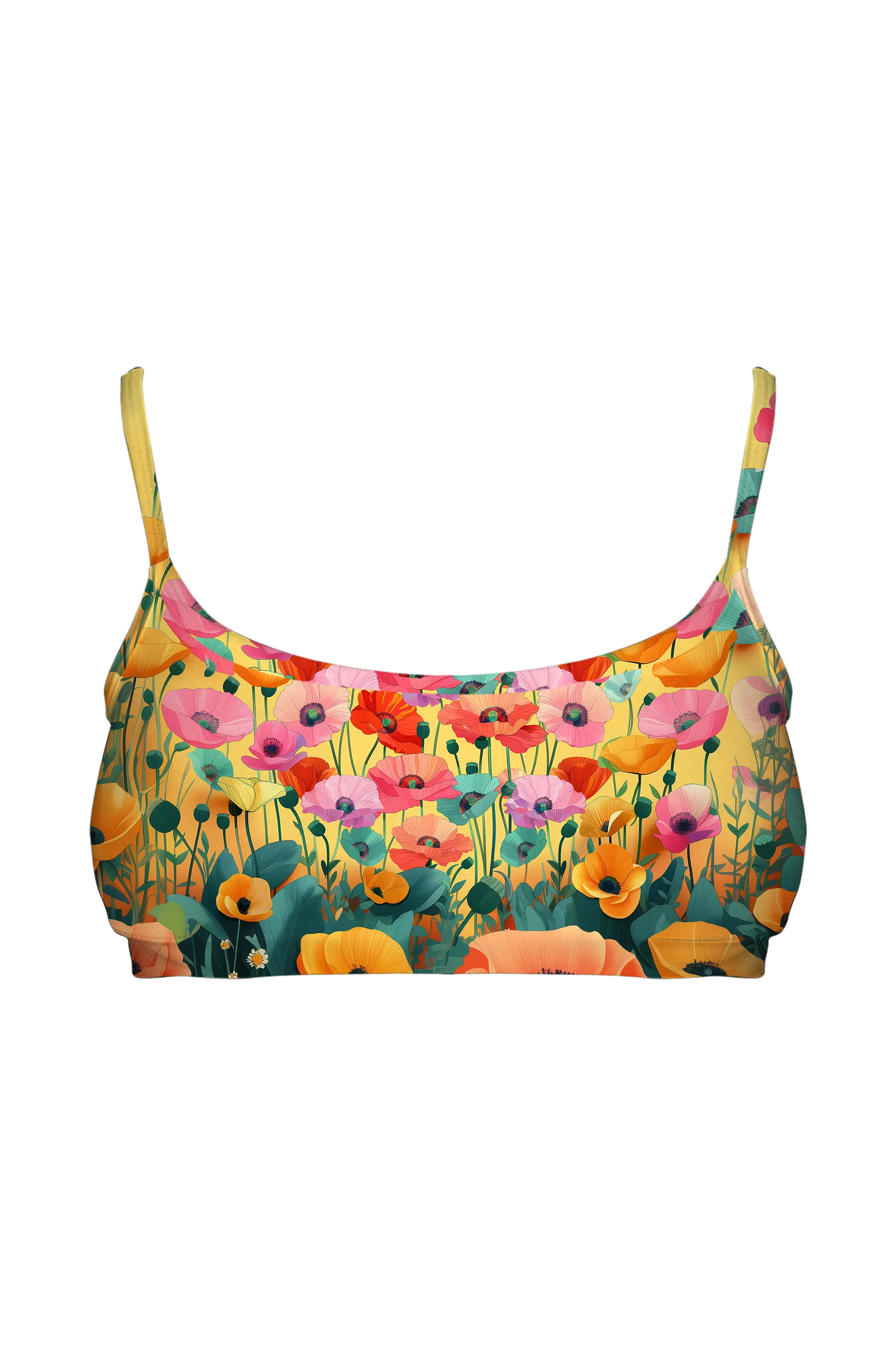 Poppies on Gold bralette, front view