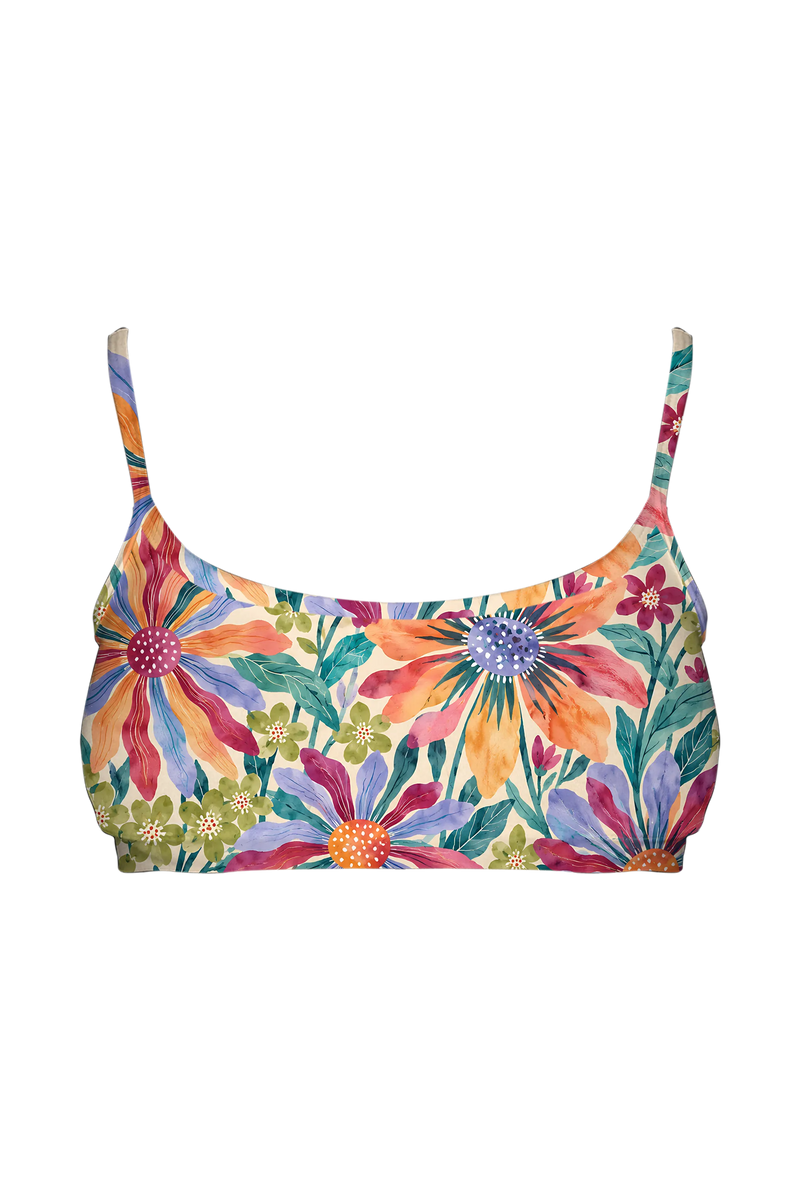 Painted Rainbow Daisies bralette, front view