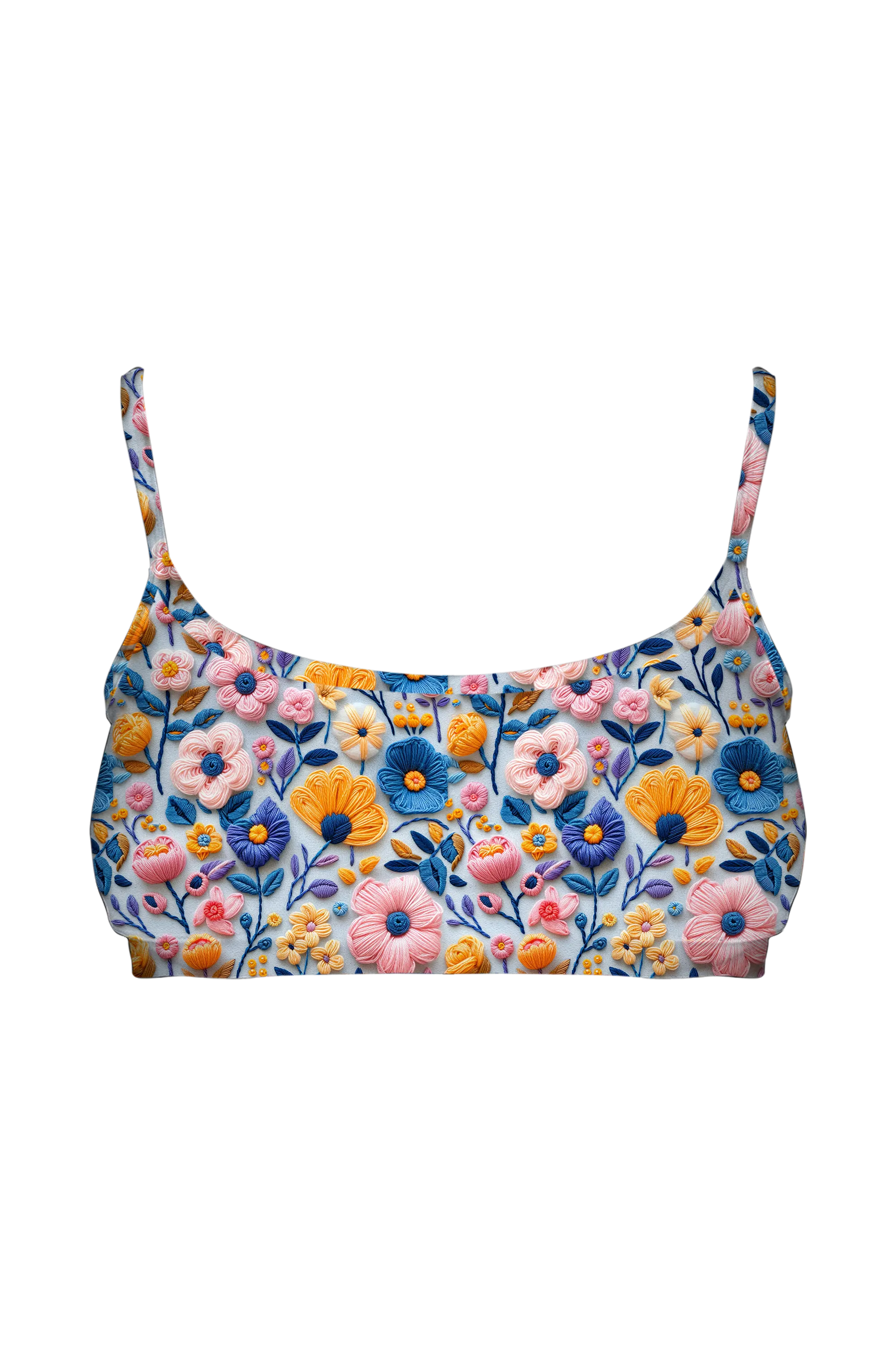 Embroidered Spring Meadow bralette, front view