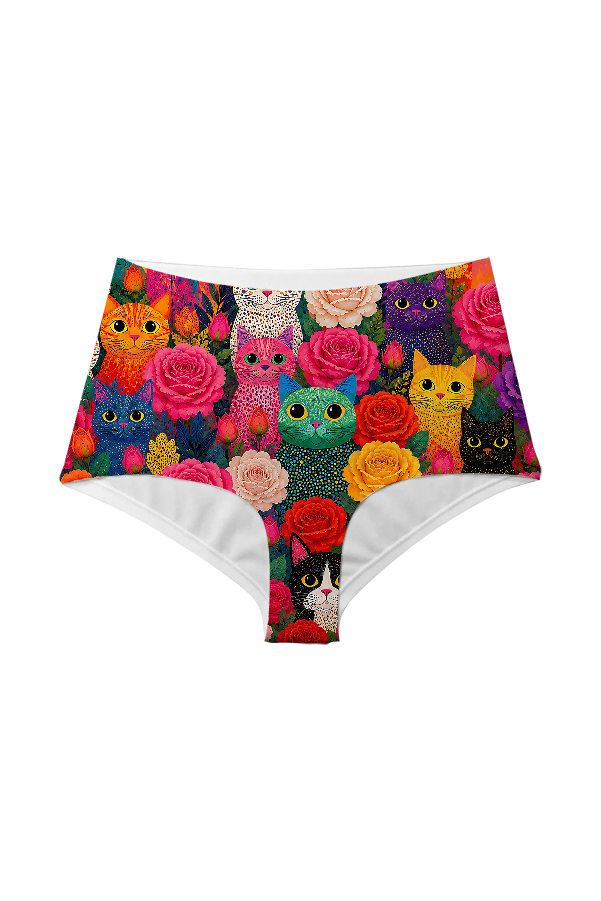 Rainbow Cats and Roses high waist panty, front view