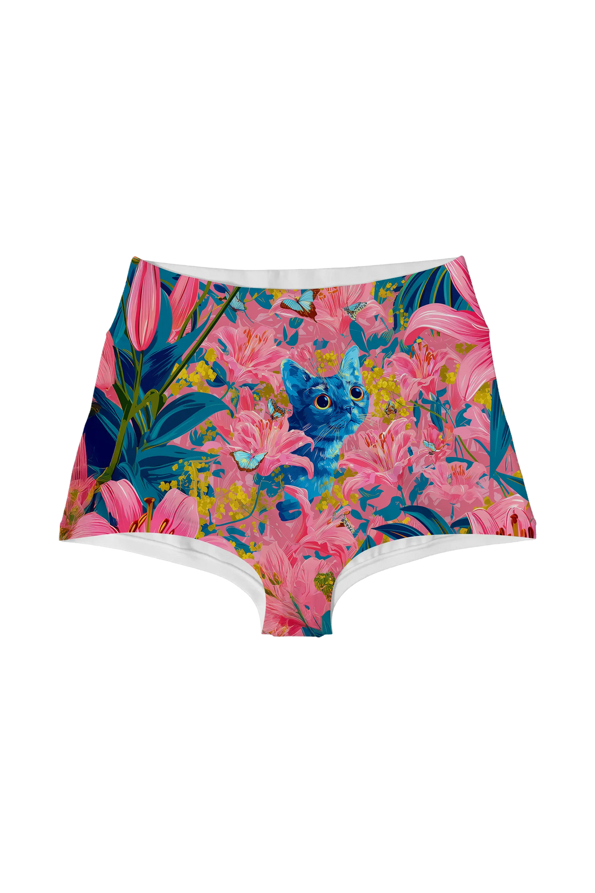 Blue Cat in Pink Lilies highwaist, front view