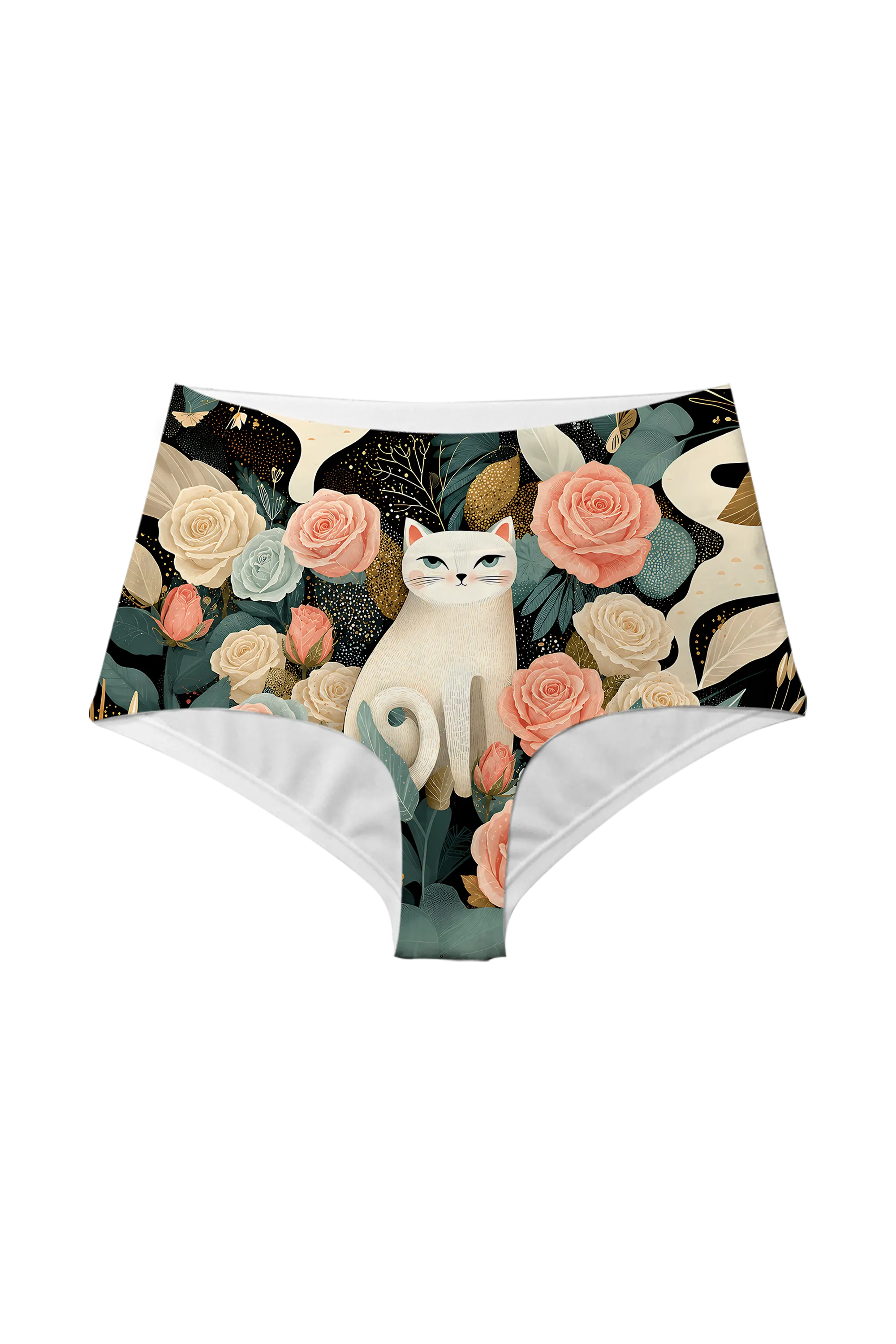 Ivory Cat and Roses high waist panty, front view