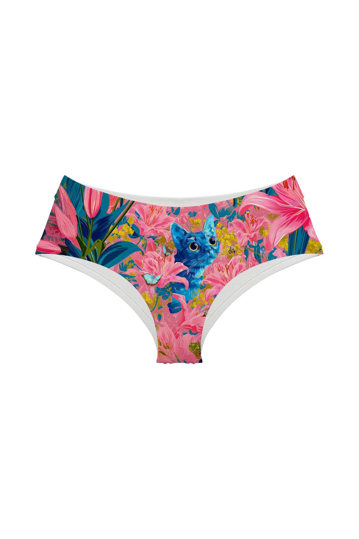 Blue Cat in Pink Lilies hipster, front view