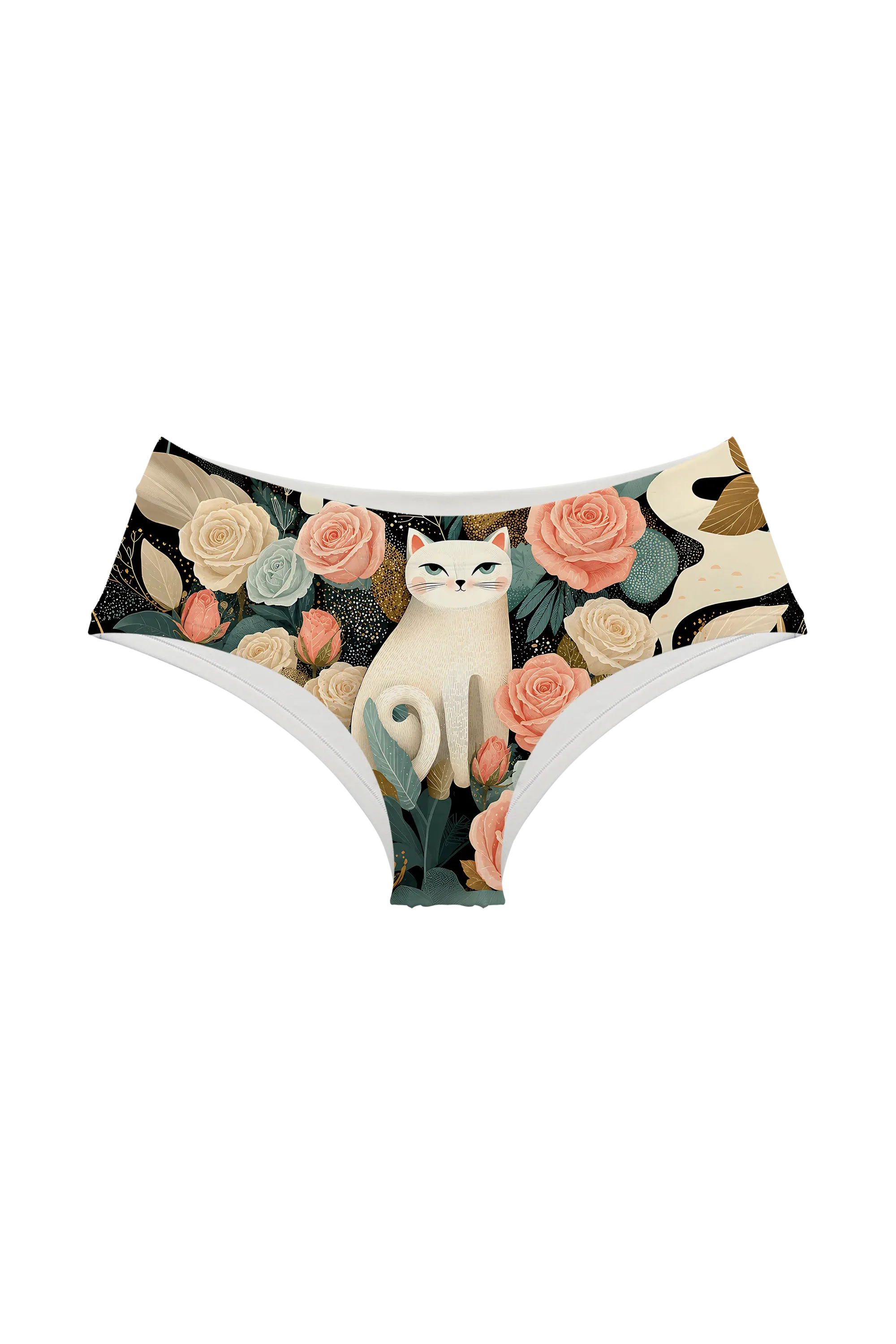 Ivory Cat and Roses hipster panty, front view