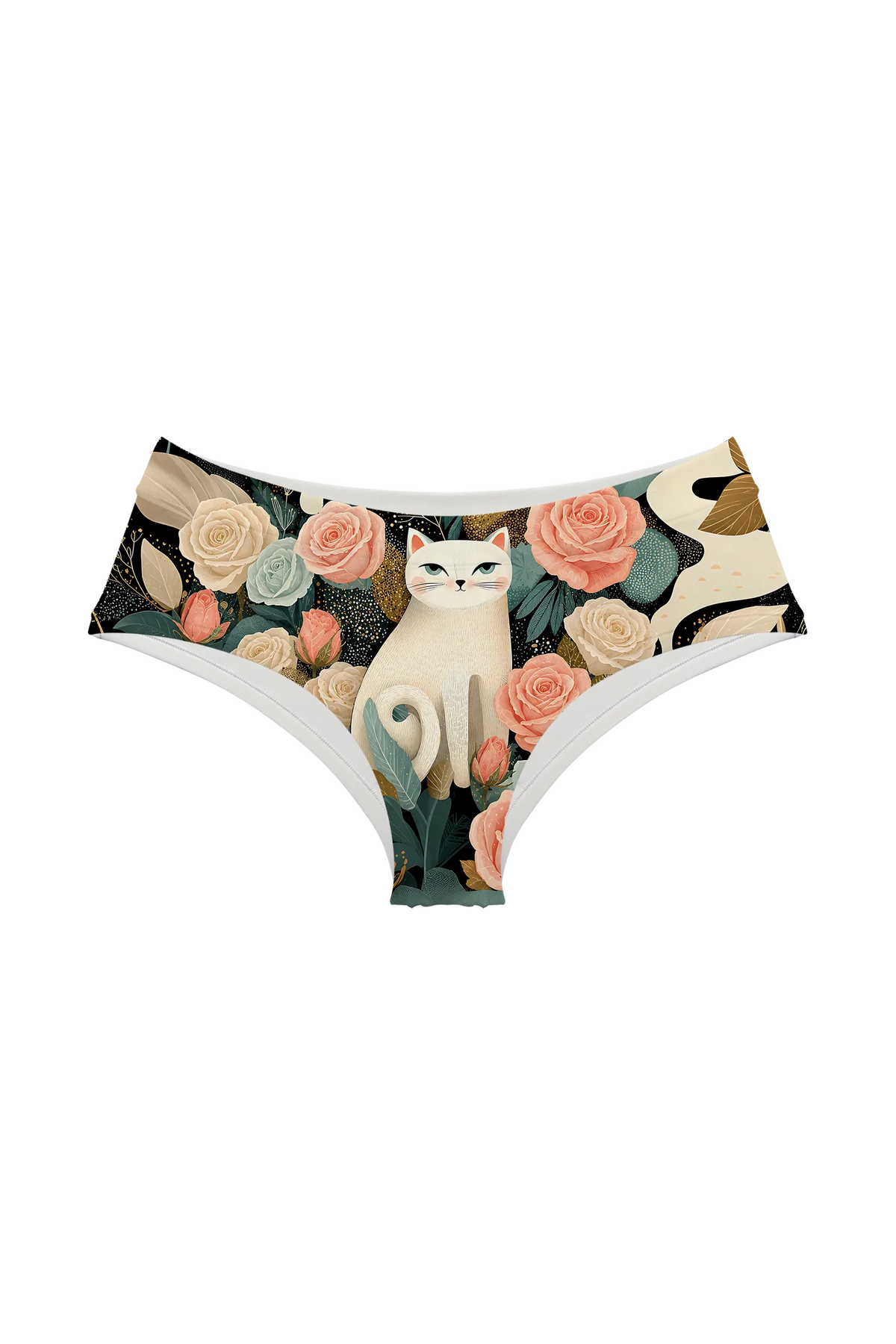 Ivory Cat and Roses hipster panty, front view