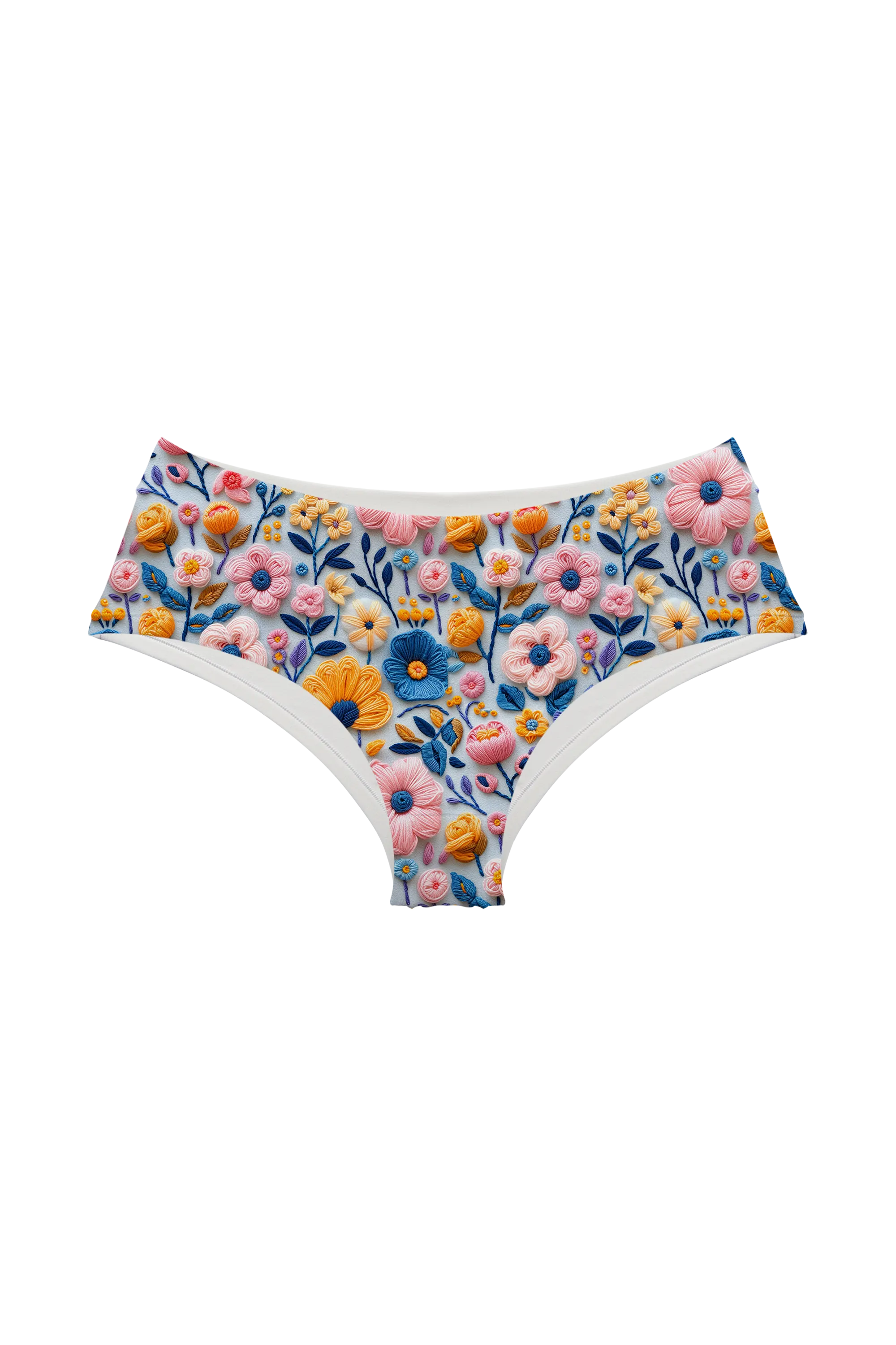 Embroidered Spring Meadow hipster, front view