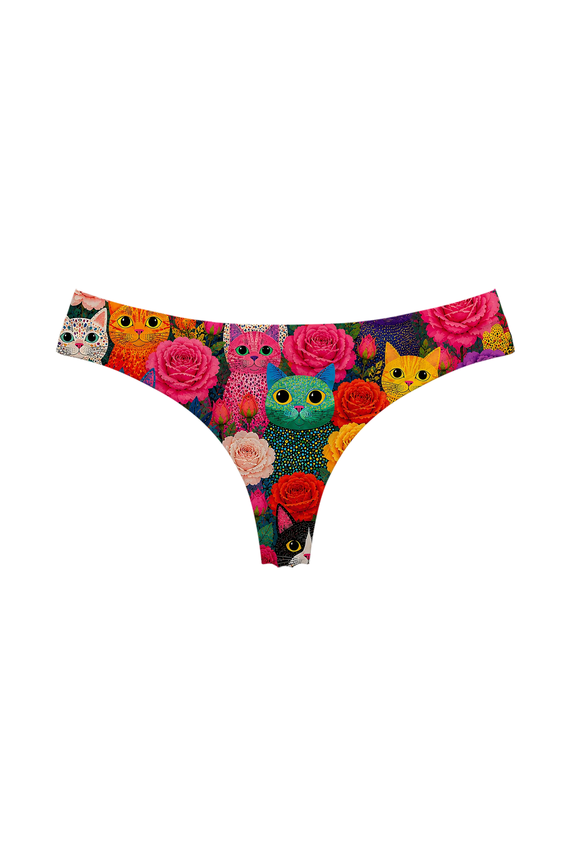 Rainbow Cats and Roses thong panty, front view
