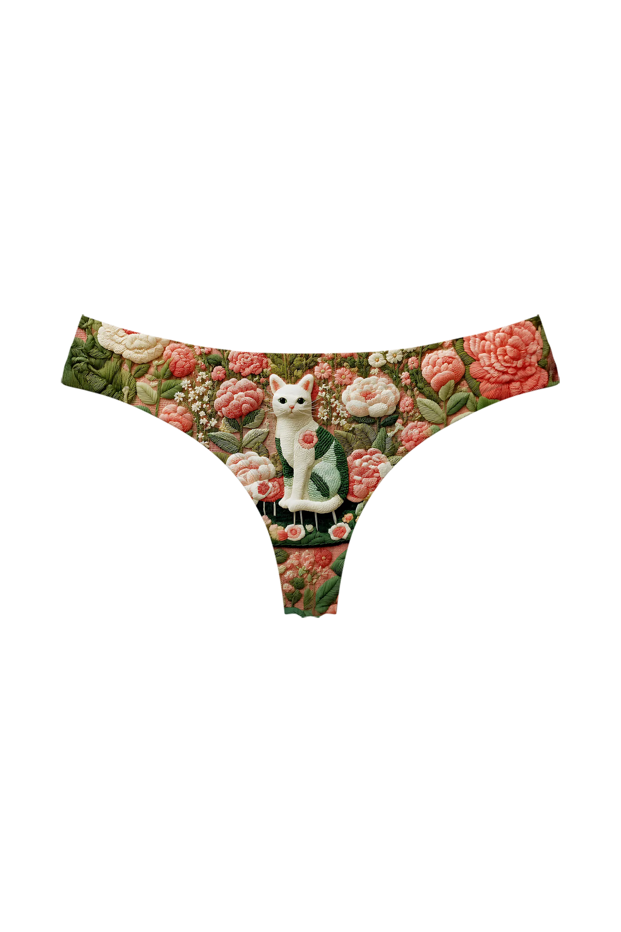 Embroidered Cat Garden thong panty, front view