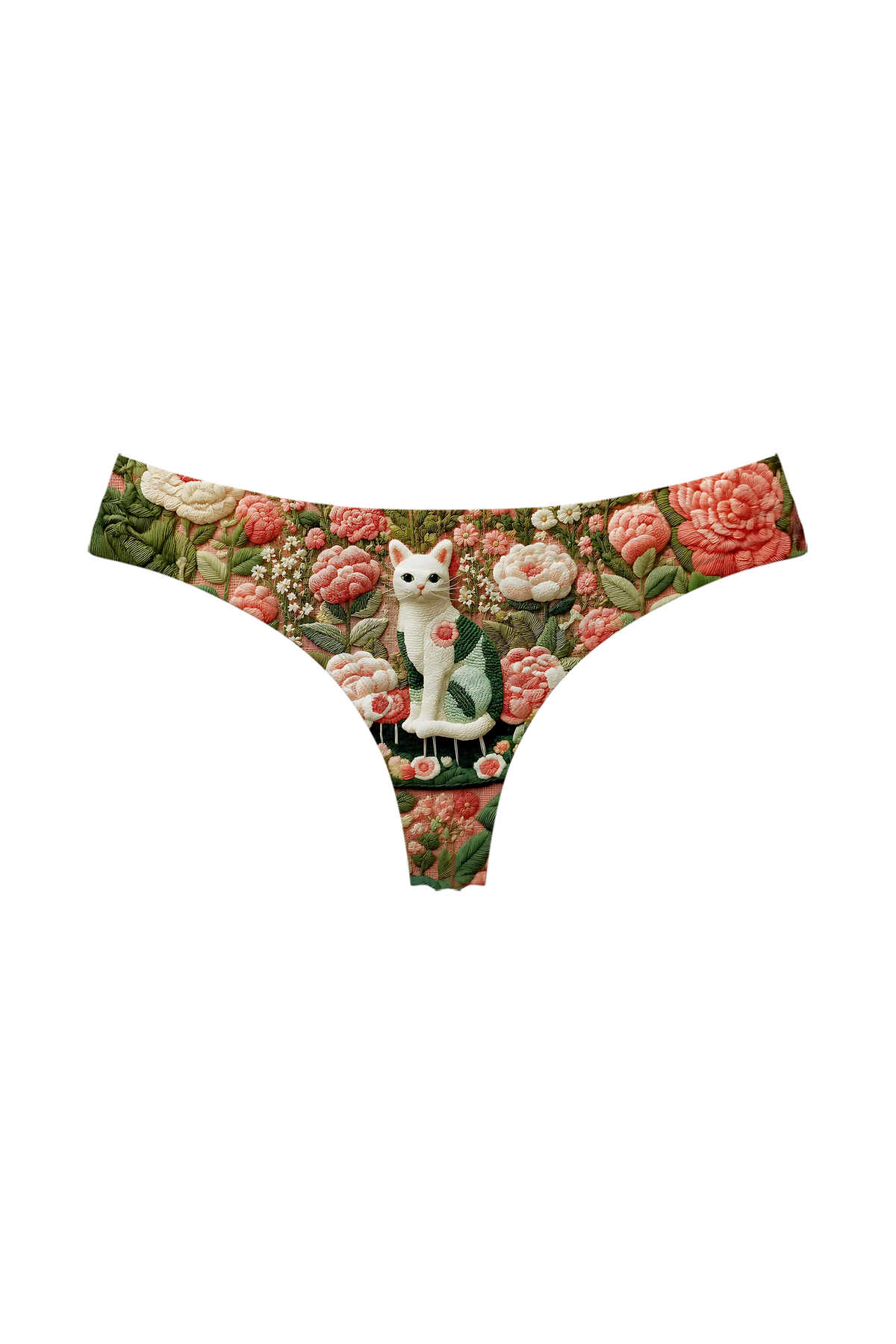 Embroidered Cat Garden thong panty, front view
