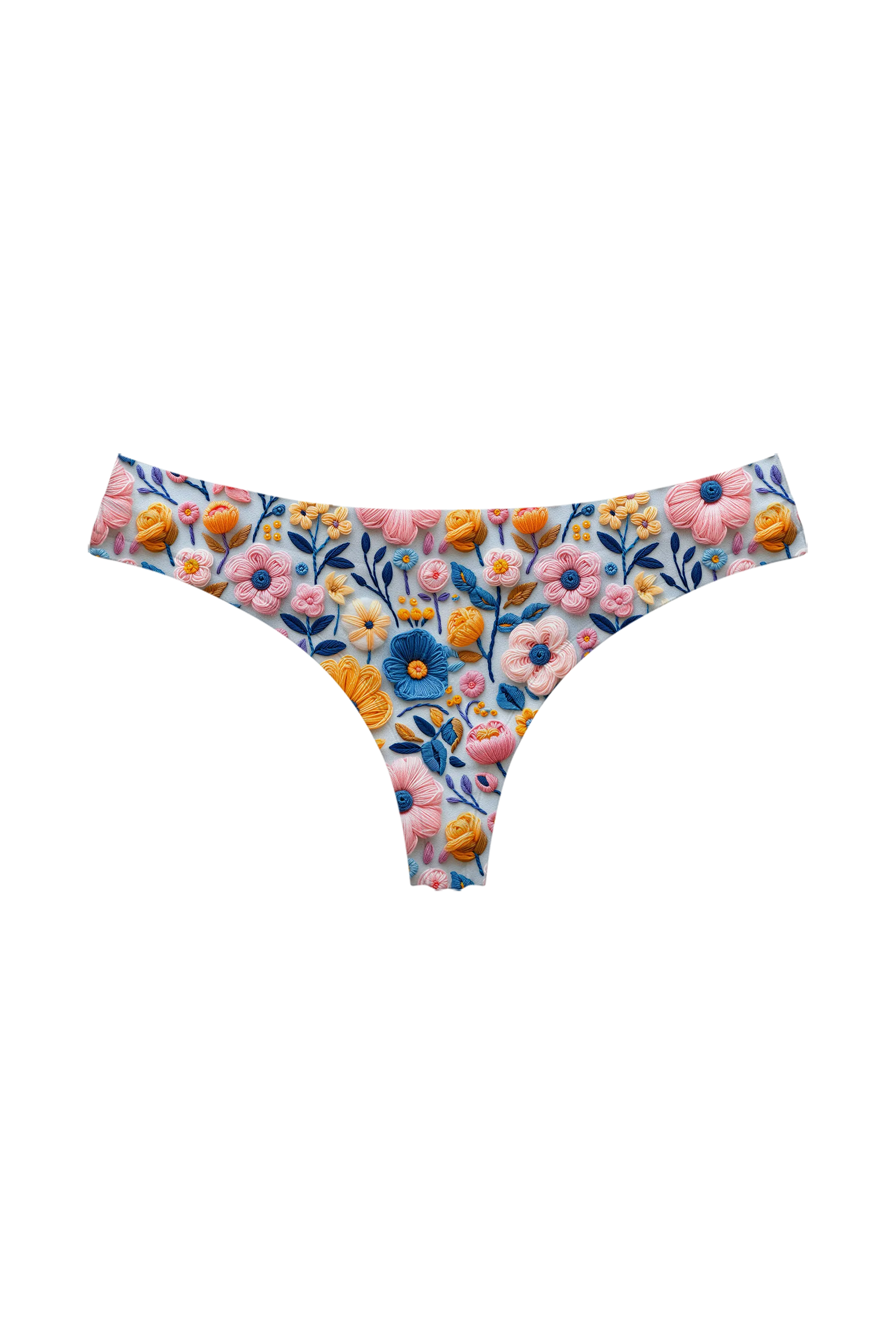 Embroidered Spring Meadow thong, front view