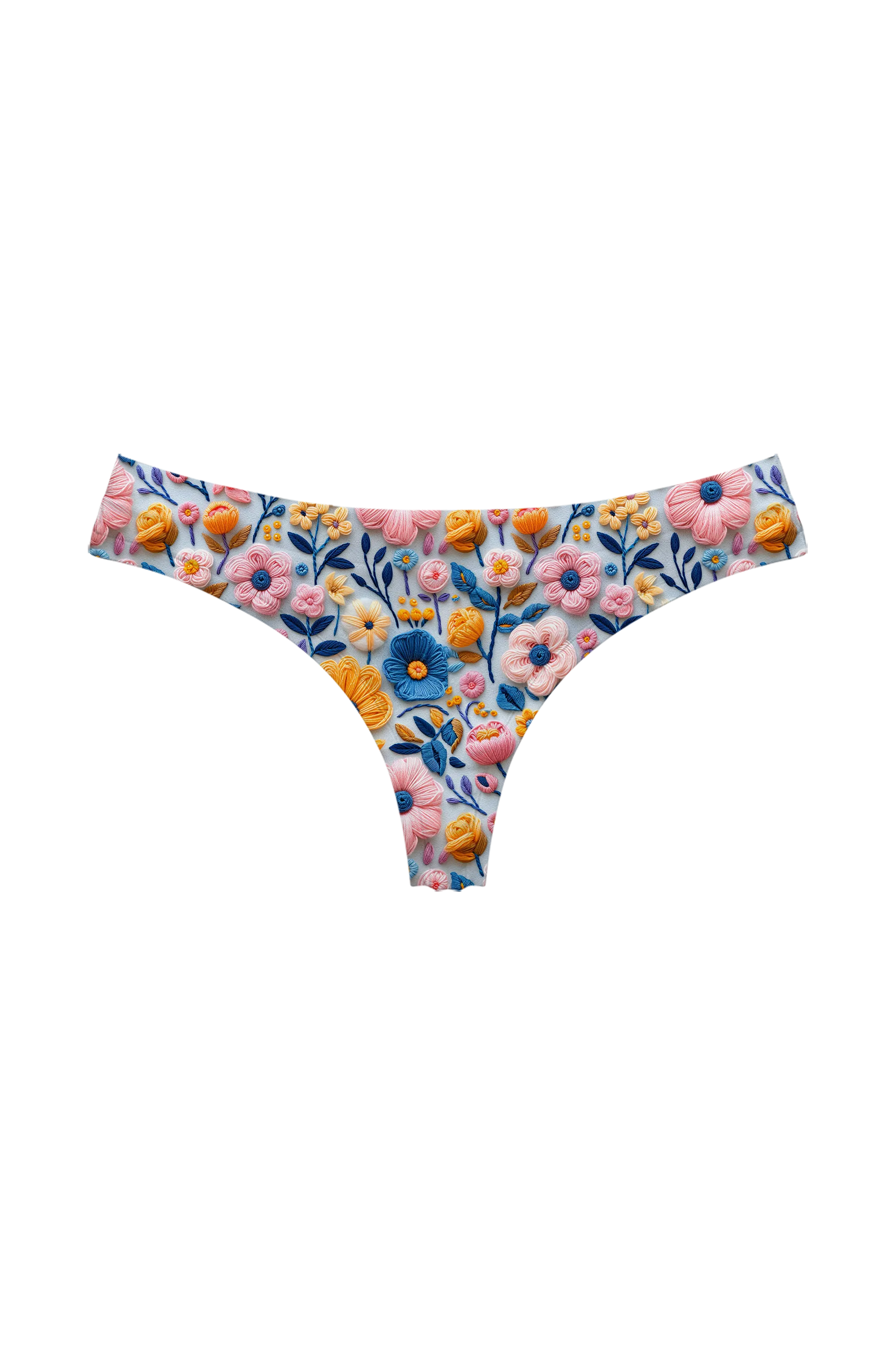 Embroidered Spring Meadow thong, front view